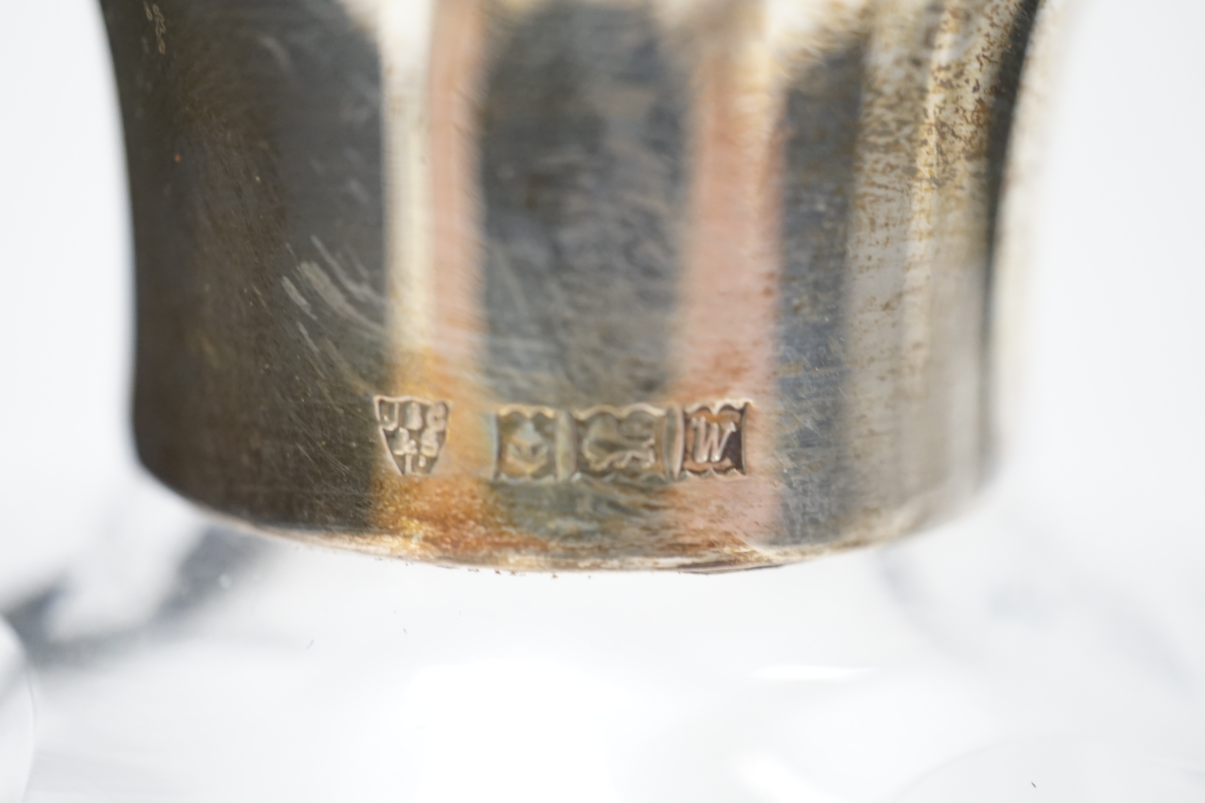 A modern pair of silver mounted cut glass cylindrical decanters with stoppers, Birmingham, 1971/73, 26cm.